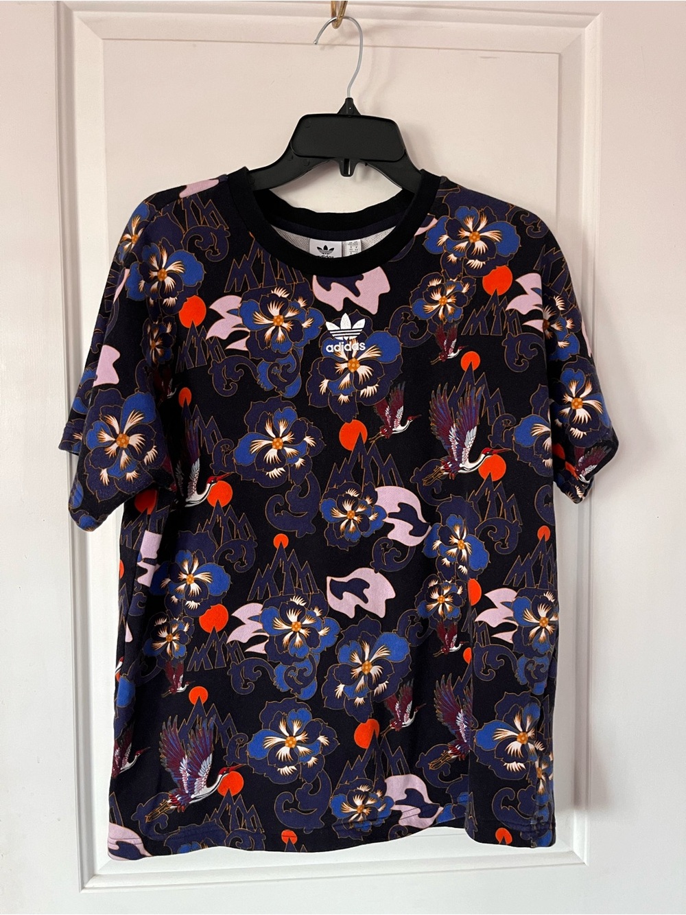 Adidas Black Tee with Blue, Pink & Orange Floral Print Design Graphic Shirt